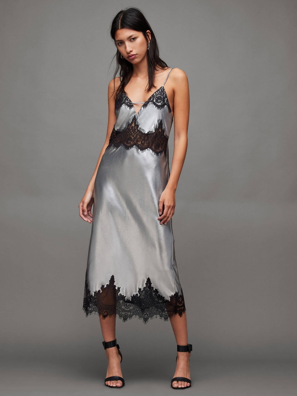New! All Saints Opehlia Silver Metallic Satin Slip Dress Black Lace🩶 size 2 NWT! - Picture 1 of 2